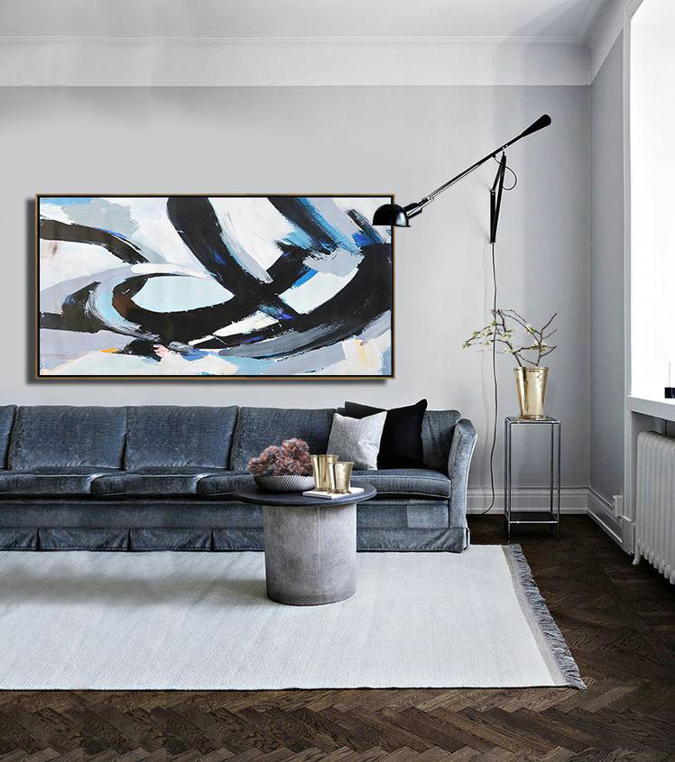 Handmade Large Painting,Horizontal Palette Knife Contemporary Art Panoramic Canvas Painting,Modern Paintings On Canvas,Black,White,Grey,Blue.etc